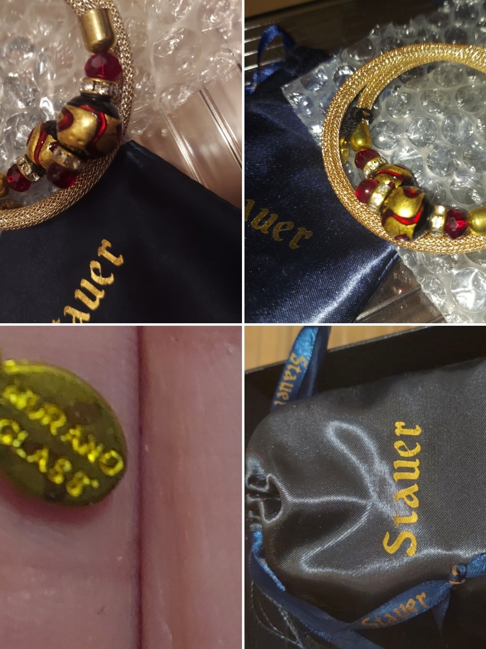 Vintage Stauer Gold Mesh Bracelet with Red and Gold Murano Glass Beads